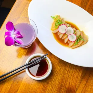 Jalapeno Hamachi, Purple Facts cocktail