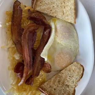 Engineer breakfast includes: 2 eggs Choice of meat Hash browns And choice of toast