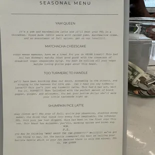 Seasonal menu