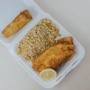 a meal in a styrofoam container