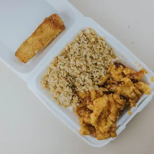 a take out container with rice and tofu
