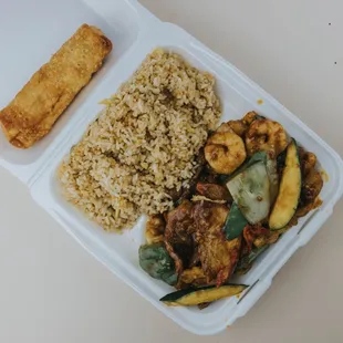 a meal in a styrofoam container