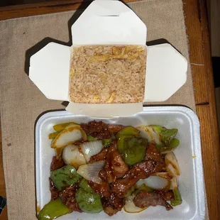 Beef and onions and fried rice