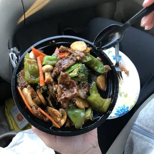 hunan beef with no spice (on the side) and no bamboo, extra sauce, more veggies than meat (as requested)