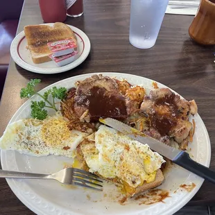 Pork Chops with Eggs, Toast and Hashbrowns