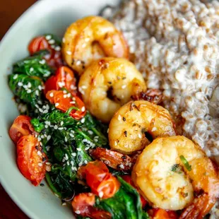 Farro Risotto with Sautéed Shrimp and Sautéed Spinach