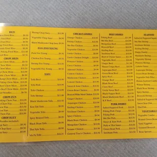 the menu of the little peking restaurant