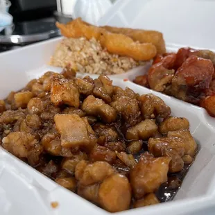 Peking chicken. Sweet sour pork, fried shrimp, &amp; pork fried rice. Delicious!