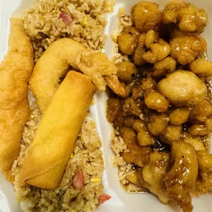 Combination #3 Eggroll, fried shrimp, pork fried rice and mini menu item Orange chicken $10.50