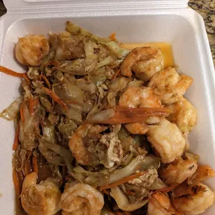 Mu Shu Shrimp - shrimp, eggs, cabbage, carrots