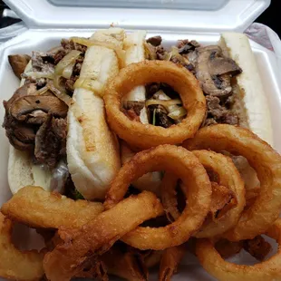 Cheesesteak with everything &amp; onion rings