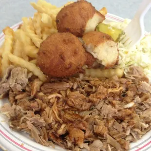 BBQ Pork Plate w/ hush puppies, fries, and slaw