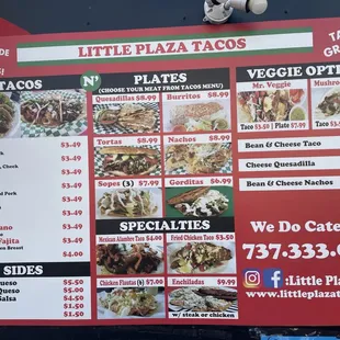 a menu for a little plaza tacos