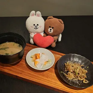 Starters: miso soup, tsukemono, and namul