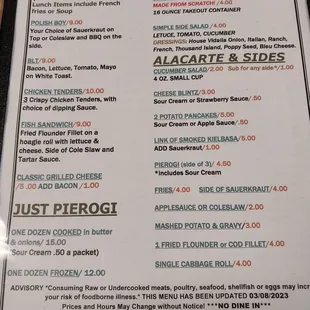 Menu lunch and alacarte