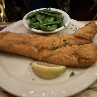 Walleye and sugar snap peas. Peas had not been de-stringed prior to cooking.