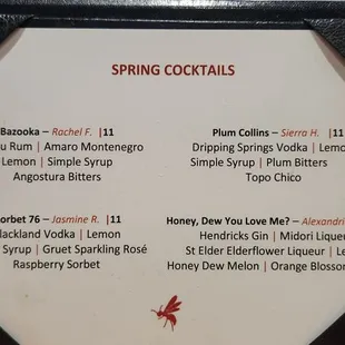 Spring Cocktail Menu