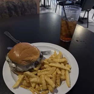 Swiss mushroom burger and fries