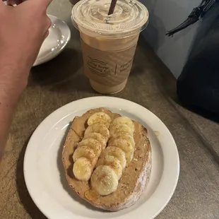 Iced busy bee latte &amp; peanut butter toast