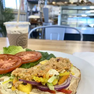 Salad sandwich and iced latte.