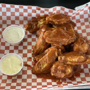 Chicken Wings with Ro Sauce  (extra sauce) w/ Ranch &amp; Blue Cheese Dressing
