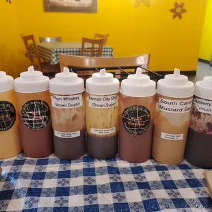 Amazing sauces L to R: Sriracha Mayo, House BBQ, Plum Whiskey, Kansas City, Carolina Vinegar, Carolina Mustard, Blueberry Chipotle