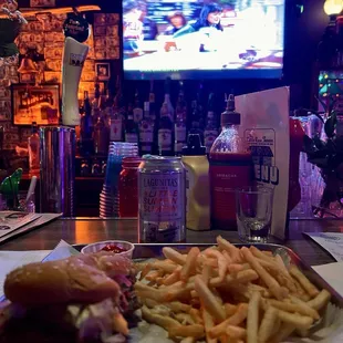 Burger, fries, bar