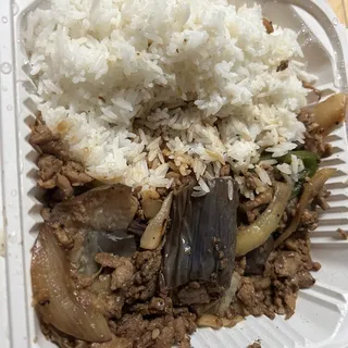 . Basil Chicken w/ Eggplant over Rice