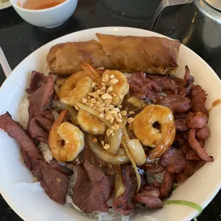 B-5 Combination Shrimp, Char-Broiled Pork, Egg Roll and Noodles