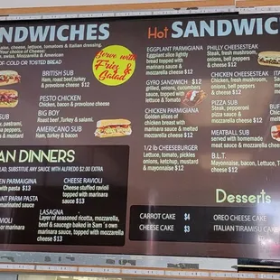 a menu for sandwiches