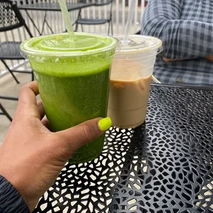 Green smoothie and iced latte.