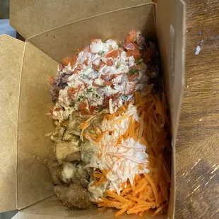 Soy glazed chicken with purple rice, 2 toppings, &amp; yum yum sauce.