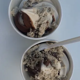 Vanilla Tahini Soft Serve, Dark Chocolate Turkish Coffee Soft Serve, with Halva Crumble