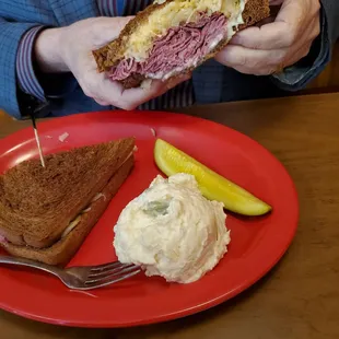 Generously stuffed Reuben