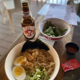 Lemon shio ramen, edamame, and dai dai beer.