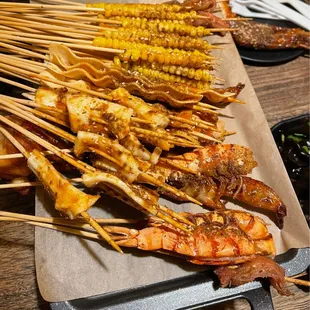 Kung Fu corn, grilled tofu skin, grilled squid, &amp; Australian tiger prawns