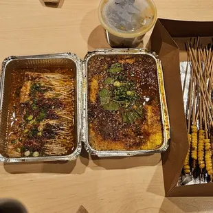 cucumber, enoki mushroom, eggplant and egg, skewers (lamb, beef belly, corn)