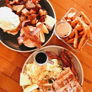 Benedict, waffles &amp; eggs &amp; bacon. Also, sweet potato fries