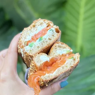 House-Cured Lox w/ chive cream cheese, cucumber, housemade seeded baguette | $16