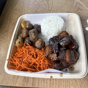 Pork belly, carrot slaw, roasted potatoes and rice
