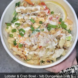 Lobster &amp; Crab - ¼lb Dungeness crab &amp; lobster, spaetzie, asparagus, corn, garlic, tomato, kale &amp; cheese blend, w/ truffle aioli &amp; garlic $29