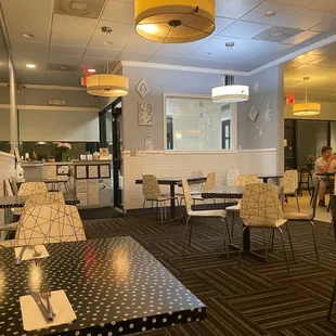 tables and chairs in a restaurant