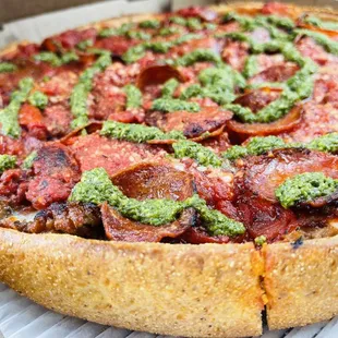 All Star Deep Dish Pizza Topped with pesto