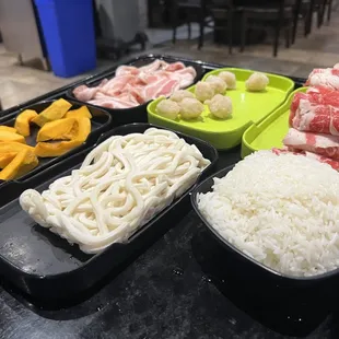 Japanese Pumpkin, udon noodles, rice, sirloin beef, chicken meatball and pork belly.