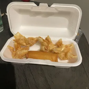 Consolidated crab rangoons and spring roll.