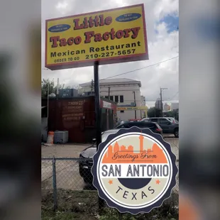 a sign for a little taco factory