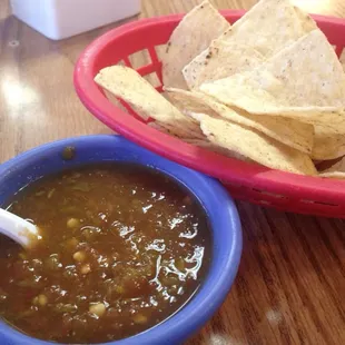 Salsa is homemade (and hot!), the chips are not.