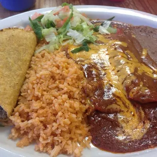 #1 - Mexican plate - 2 cheese enchiladas, crispy taco, rice and beans