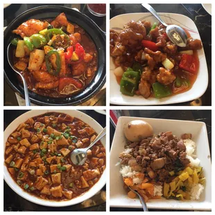 Clockwise from top left: spicy fish fillet, sweet and sour pork, ma po tofu, pork stew over rice