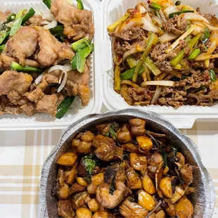Salt &amp; pepper ribs, Hunan style stir-fry lamb, 3 sauce chicken
